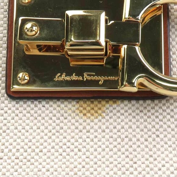 Auth Salvatore Ferragamo Gancini Handbag Off White/Brown Canvas/Leather - Picture 8 of 16